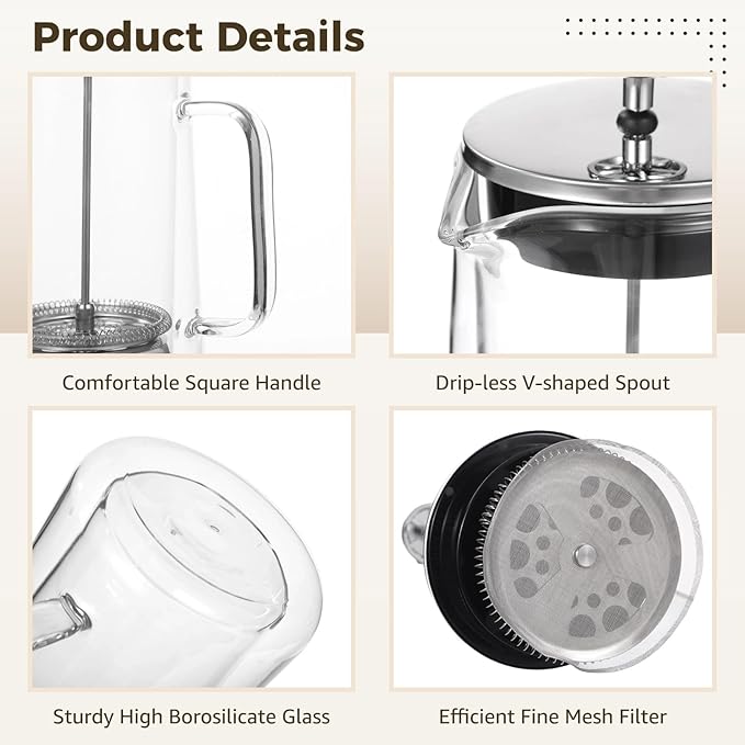 33.8 Oz Dual Wall Insulated Coffee Maker 1000 Ml High Borosilicate Glass Tea Tool Ergonomic Handle With Fine Mesh Filter