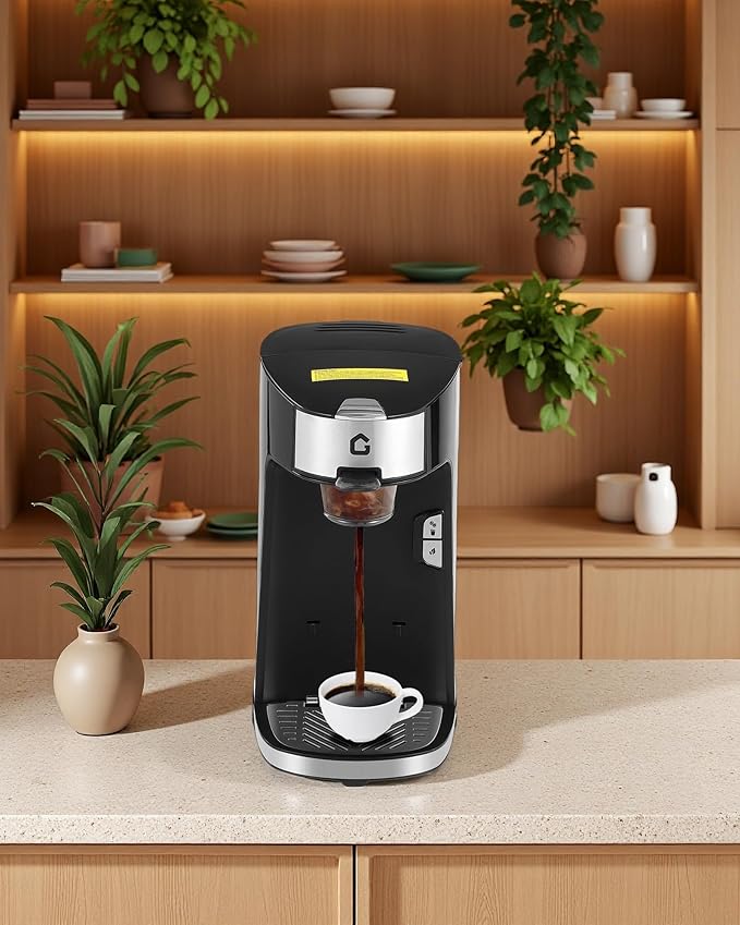 Small Coffee Maker Hot and Iced Coffee Machine with Build-in 550 ml Water Tank Single Serve Cafe Maker for K Pod Ground and Tea Leaves Adjustable Tray