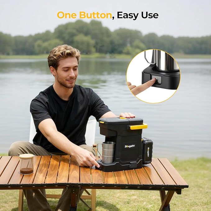 BougeRV Coffee Machine with 18V 8Ah Battery Powered Compatible with K Cup Coffee Pods &amp Ground Cordless Coffee Maker for Travel Camping Outdoor Worker Home