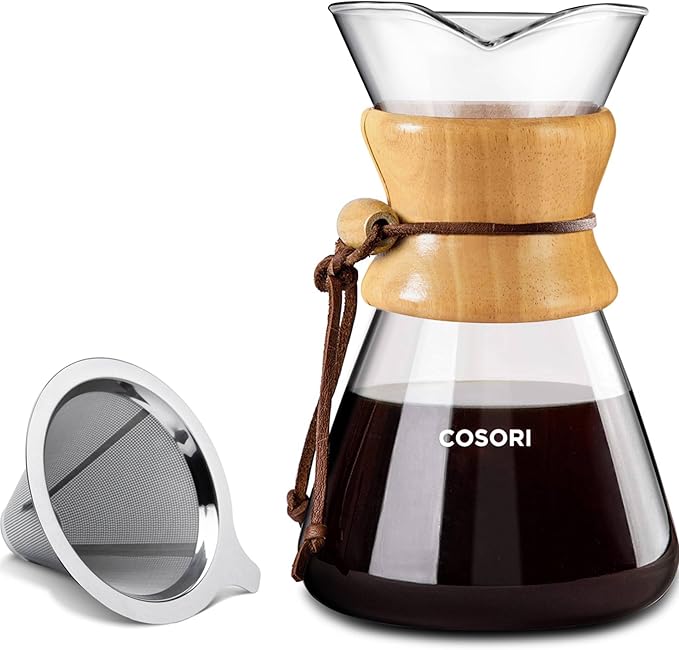 COSORI Pour Over Coffee Maker with Double Layer Stainless Steel Filter 8-Cup 34oz Drip Coffee Maker Coffee Dripper Brewer High Heat Resistant Carafe also for Camping Hiking