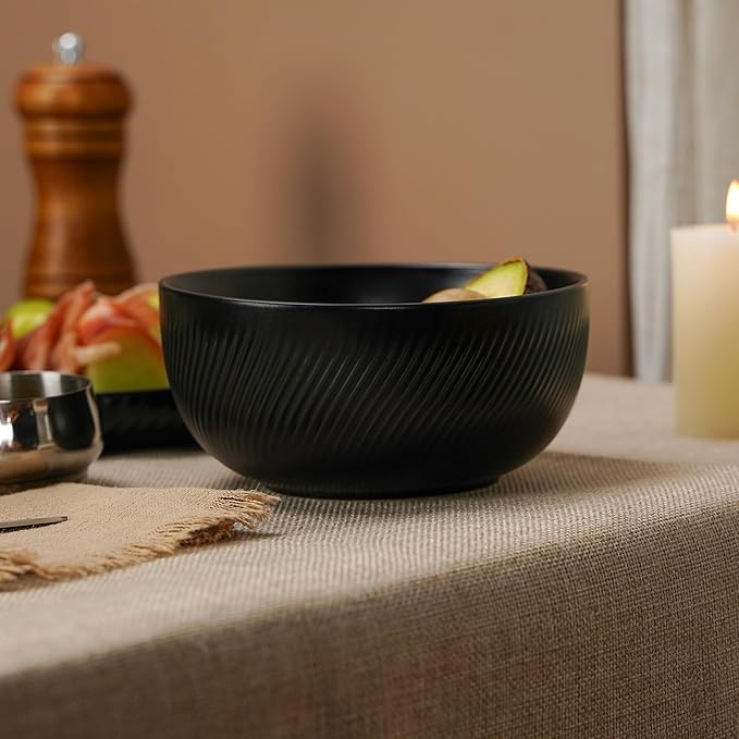 Matte Black Plates and Bowls Set 12pcs Stoneware Dinnerware Sets for 4 Dishwasher and Microwave Safe Ceramic Dishes Set Ribbed Obsidian Night