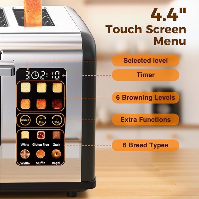 4 Slice Touch Screen Toaster Easy-to-Use Digital Stainless Steel Toaster with Wide Slots Reheat Defrost Cancel Removable Crumb Tray Matte Black