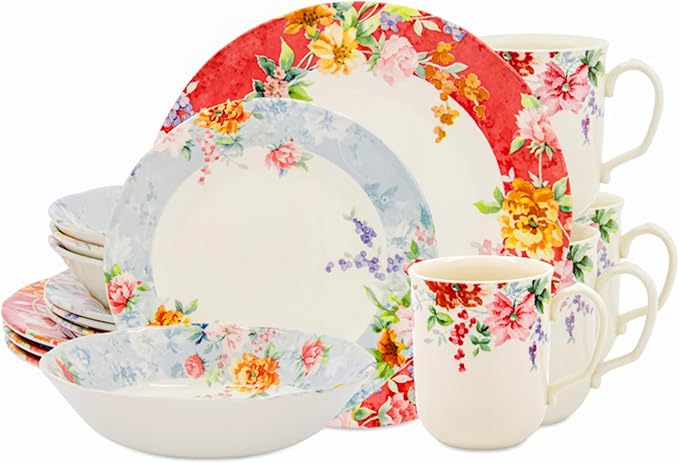 Tudor Royal 16-Piece Porcelain Round Dinnerware Set Service for 4 Crimson Design Summer Floral Plates Bowls Mugs Dishes Glossy Premium Quality Tableware Unique Pattern