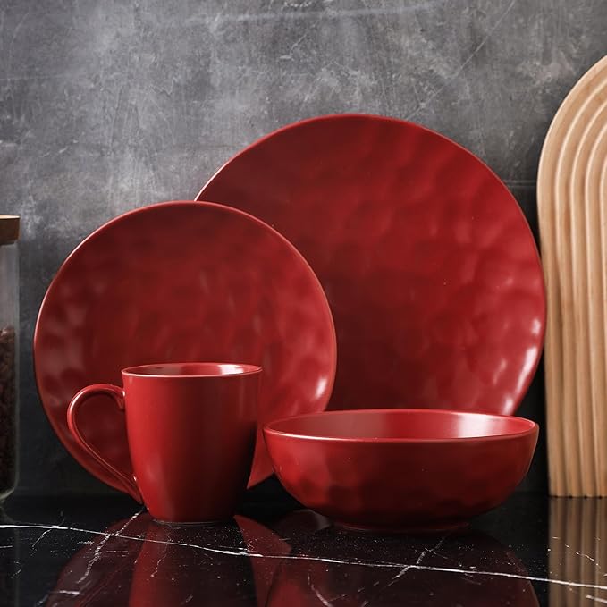 Stone Lain Sam Porcelain16 Piece Dinnerware Set Home Kitchen Dish Set with Dinner Plates Salad Plates Bowls &amp Mugs - Service for 4 Red