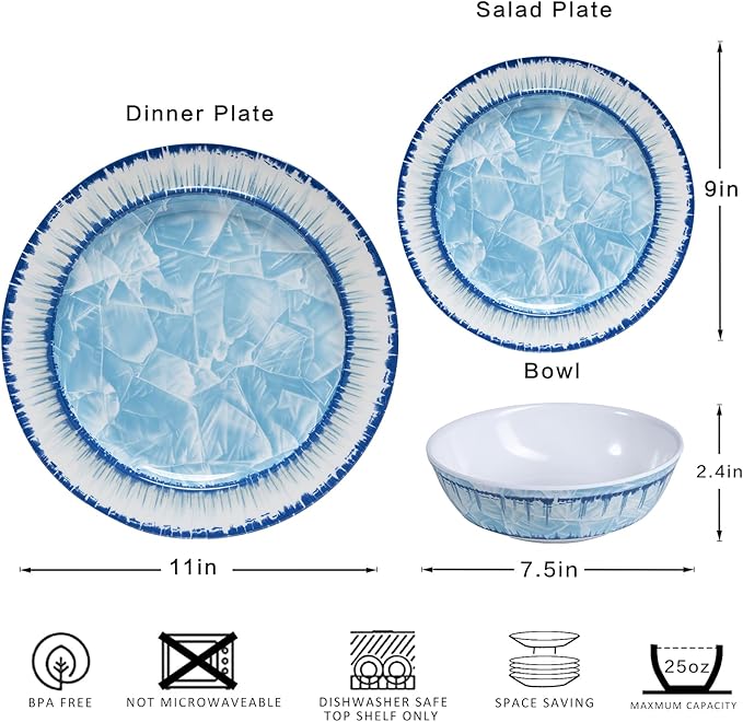 18 pcs Melamine Dishes Dinnerware Sets Lightweight Dinner Dish Set for Indoor and Outdoor Use Unbreakable Kitchen Plates and Bowls SetService for 6 Dishwasher SafeLight Blue