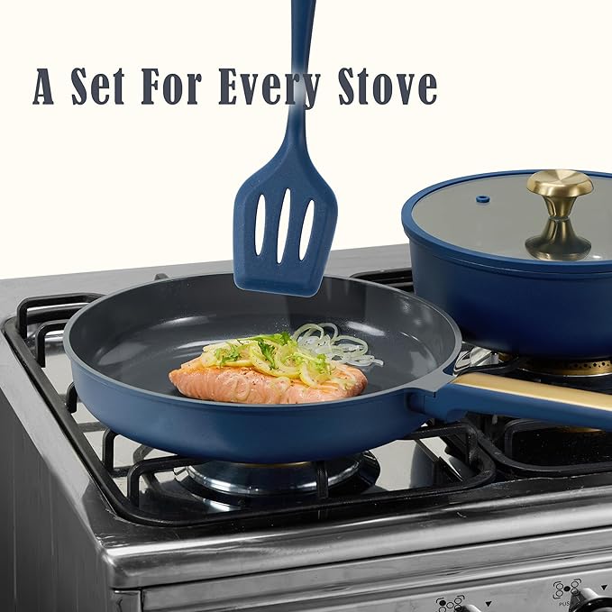 CAROTE Ceramic Cookwar Set Pots and Pan Set Non Stick 18 Piece Cookware Set Kitchen Cooking Set Non Toxic PFAS PTFE Free Blue
