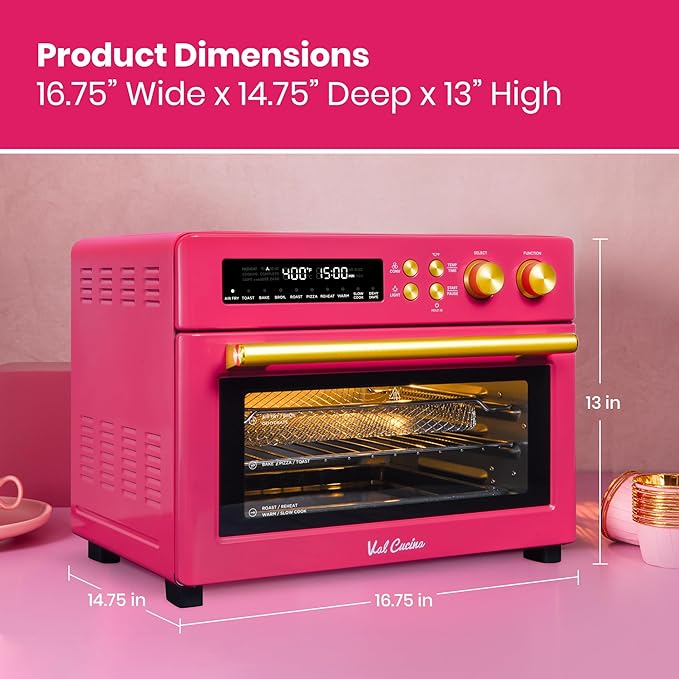 VAL CUCINA Limited Edition Happy Pink Infrared Heating Air Fryer Toaster Oven Extra Large Countertop Convection Oven 10-in-1 Combo 6-Slice Toast Enamel Baking Pan Easy Clean with Recipe Book