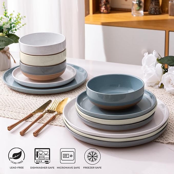 AmorArc Ceramic Dinnerware Sets for 8 24 Pieces Handpainted Plates and Bowls Set with Rustic Terracotta Underside Scratch Resistant Stoneware Dishes Set Dishwasher &amp Microwave Safe Multi-Color