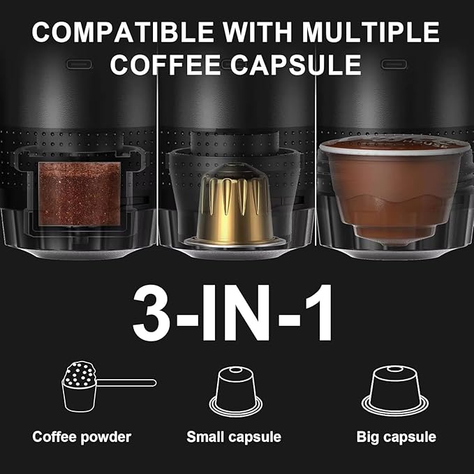 Portable Electric Espresso Machine - Self-Heating Travel Coffee Maker with USB-C Compatible with Ground Coffee NES &amp DG Capsules | Ideal for Camping Car Office &amp Hiking