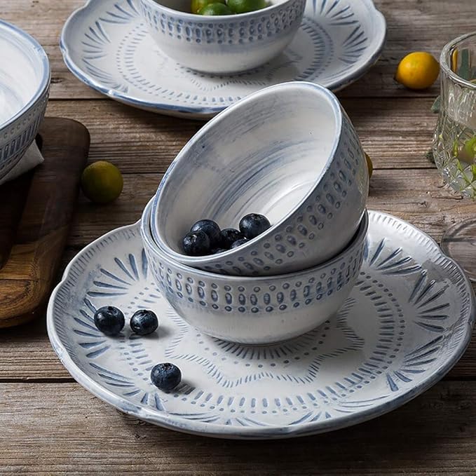 Ceramics Dinner SetsBowl/Dish/Spoon3D Baroque Embossed Texture Dinnerware SetBlue-Gray Tone Porcelain Combination Tableware Set30pieces