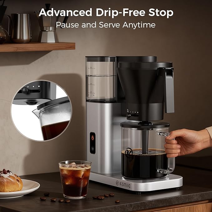 Kismile 8 Cup Drip Coffee Maker Machine Pour Over Coffee Brew with 3s Instant Heat 197-205℉ Removable Water Tank Adjustable Flow Control Deep Cold Brew &amp Keep Warm 40 Min Easy to Clean (silve