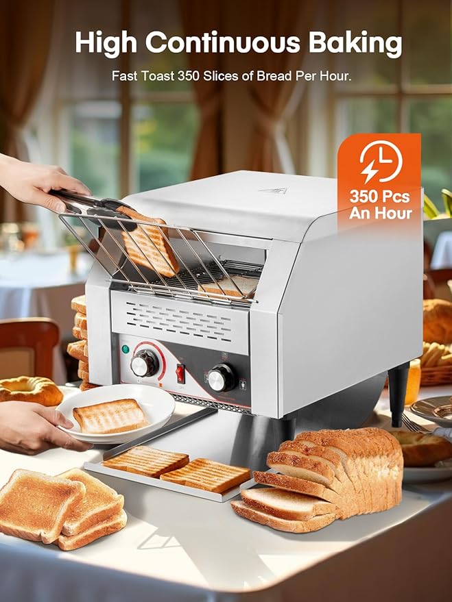 Commercial Conveyor Toaster 350 Slices/Hour Electric Stainless Heavy Duty Restaurant Toaster with Dual Heating Tube 7 Browning Levels for Bagel Restaurant Bakery Cafe Silver