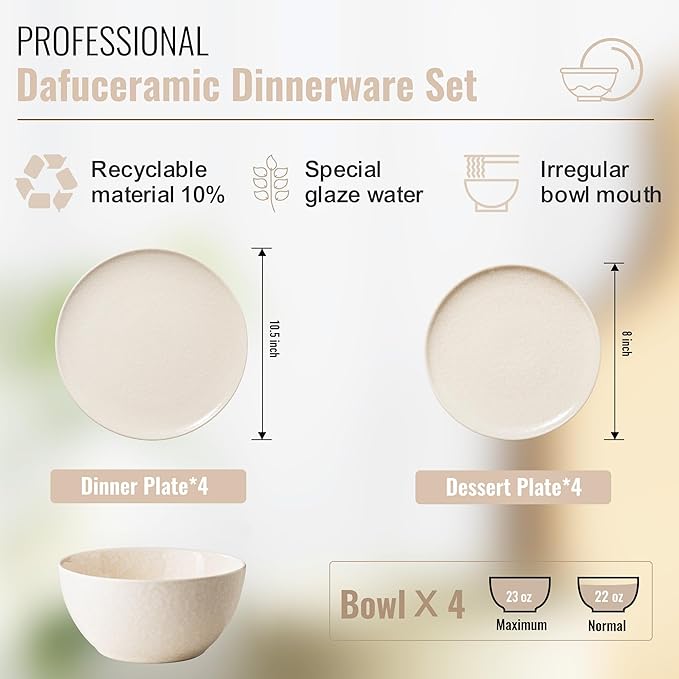 Plates and Bowls Sets12 Pieces Beige Dinnerware Sets for Kitchen Reactive Glaze Dishes Set for 4 Dishwasher and Microwave Safe Series Starflecked Shore (Beige)