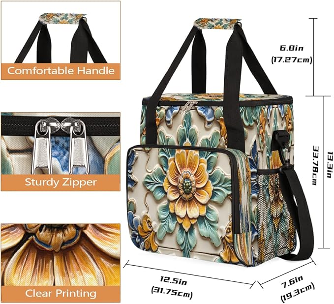 Ceramic Flowers Coffee Maker Carring Bag Travel Carrying Storage Tote Bag Compatible with Keurig K-Mini or K-Mini Plus Portable Single Serve Coffee Brewer Case with Pockets for K-cup Pods
