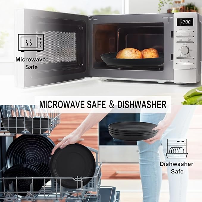 28-Piece Wheat Straw Dinnerware Sets Microwave &amp Dishwasher Safe Unbreakable Dinnerware Set Reusable Dishware Sets Lightweight Camping Dishes Plates Cups Cereal Bowls for 4（Black）