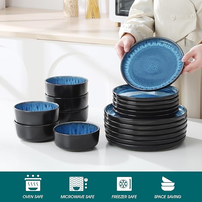 vancasso PLAYA Plates and Bowls Sets 18 Pieces Blue Dinnerware Sets for Kitchen Reactive Glaze Dishes Set for 6 Dishwasher and Microwave Safe