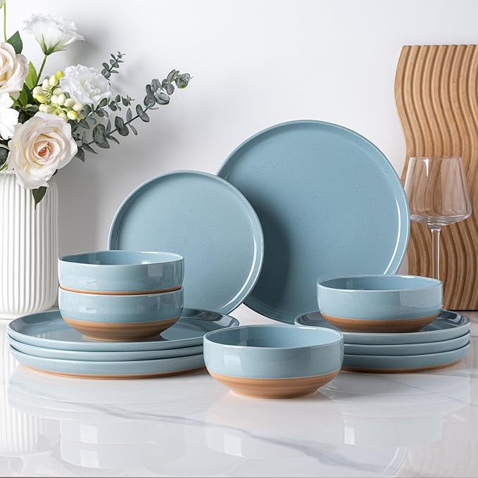 AmorArc Ceramic Dinnerware Sets for 4 16 Pieces Handpainted Plates and Bowls Set with Rustic Terracotta Underside Scratch Resistant Stoneware Dishes Set Dishwasher &amp Microwave Safe