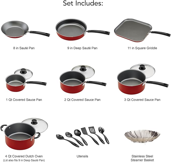 18-Piece Non-Stick Cooking Set (Steel Gray) – Versatile Easy-Clean Compatible with Multiple Stove Types (Red)