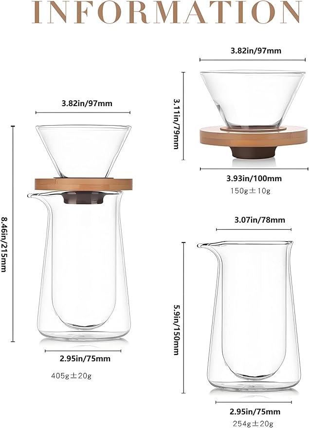 Portable Pour Over Coffee Maker Set 13oz Double Wall Glass Pour Over Coffee Dripper Plastic Free Simply Good Coffee Brewer for Home Café Restaurant Office Gift