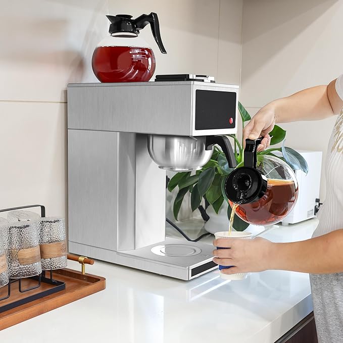 YUANHAO Commercial Coffee Maker 12-Cup with Dual Warmers Pourover Stainless Steel Coffee Brewer Machine-120V Compact Drip Coffee Maker for Office Church Break Room Event Use