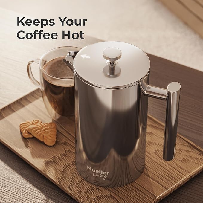 MuellerLiving French Press Coffee Maker 34oz Stainless Steel French Press Coffee 4 Filter Heat Resistant Double Insulated Rust-Free Food Grade Dishwasher Safe Coffee Pot