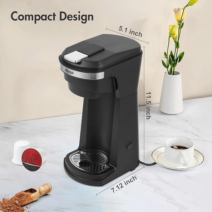 2 in 1 Single Serve Kcup Coffee Maker (6-14Oz) 800W Fast Brew Compact Design with Reusable Filter One-Button Auto Shut-Off Travel Mug Fit Compatible with K-Cup/Ground Coffee/Tea Black