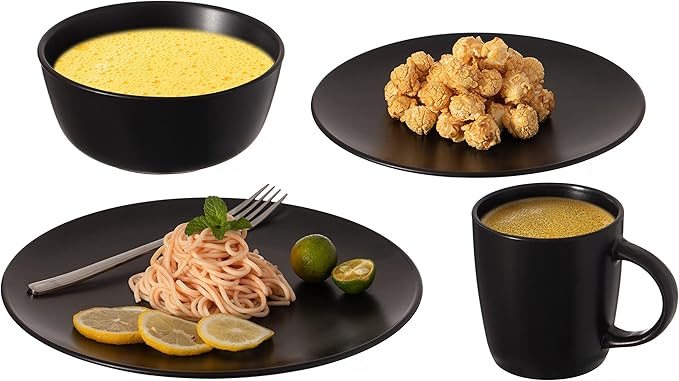 64-Pc Modern Dinnerware Set for 16 Including Mugs Bowls Salad and Dinner Plates Highly Chip Resistant Dishwasher Microwave and Oven Safe Black