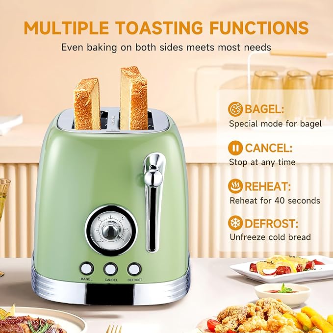 Green Cute Retro Toaster 2 Slice with 1.58 Wide Slots with Stainless Steel Lid with Warming Rack Preheat Defrost Countdown Timer Display