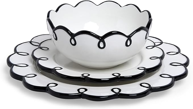Sango 12-Piece Earthenware Dinnerware Set for 4 Glossy White Plates and Bowls Sets with Black Scalloped Rims Premium Dish Set Dishes for Hosting Parties Birthday &amp Wedding Gifts Splash of Che