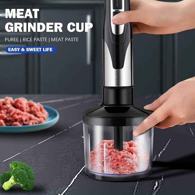 Powerful Hand Blender Handheld Immersion Blender Kit with Immersion Chopper Beaker and Whisk Precise Speed Control and 304 Stainless Steel Bar for Making Purees Soups Smoothies