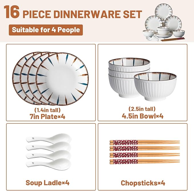 16 Pieces Dishware Sets Sophisticated Dinnerware Set for 4 Non-slip Bottom Plates and Bowls Dishes Sets High Temperature Firing Thick and Durability Safe and Healthy For Dessert Salad Soup Pasta