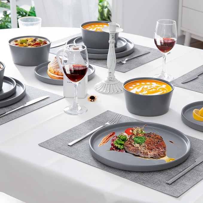 Asrug Gray 12-Piece Plates and Bowls SetsCeramic Dish Sets for 4 Chip Resistant and Scratch Dinnerware Set Dining Dinner Porcelain Dishware Microwave and Dishwasher Safe (Gray)