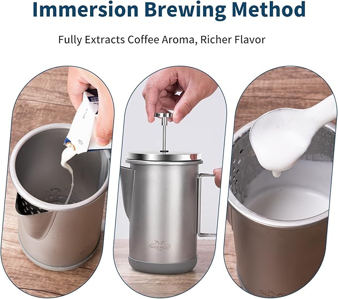 MERMOO YILAN Stainless Steel French Press Coffee Maker Manual Milk Frother 32oz for 4-6 Cup Foldable Handle Insulated Coffee Press Portable for Camping Home Use (Black)