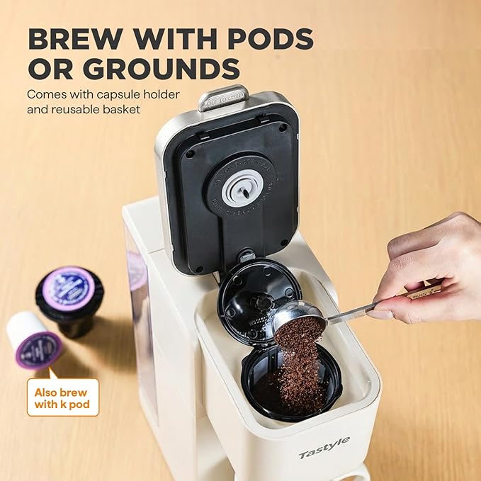 Single Serve Coffee Maker Iced and Hot Coffee Machine for K Cup &amp Grounds Compact Design 40oz Removable Water Reservoir 6 to 24 Oz Brew Sizes Fits 7.3 Travel Mug Beige