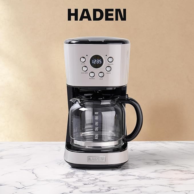 Haden 12-Cup Programmable Coffee Maker for Home or Office Putty &amp Chrome – Drip Brewer Machine with Brew Strength Delay Brewing Auto Shut-Off and Reusable Washable Water Filter
