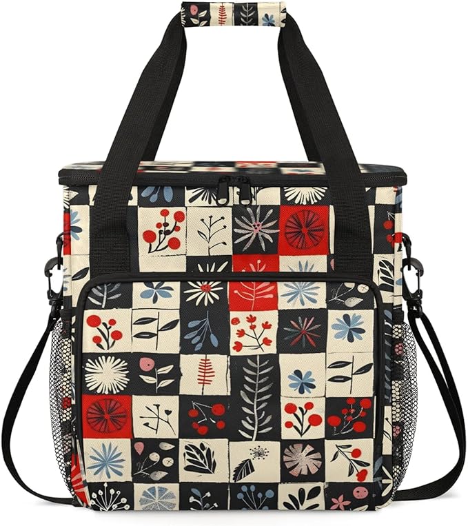 Flowers Leaves Plaids Coffee Maker Travel Bag for Keurig K-Mini/K-Mini Plus Insulated Waterproof Tote with Pockets for K-Cup Portable Single-Serve Brewer Case