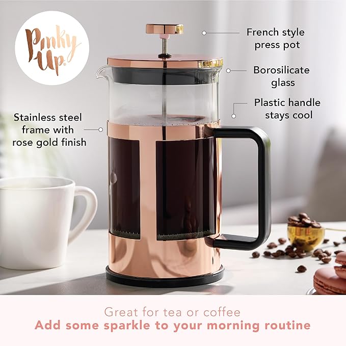 Pinky Up Piper Tea Press Pot Coffee Maker French Press for Loose Leaf Tea and Coffee Hot or Iced Beverage Brewer 34 oz Rose Gold