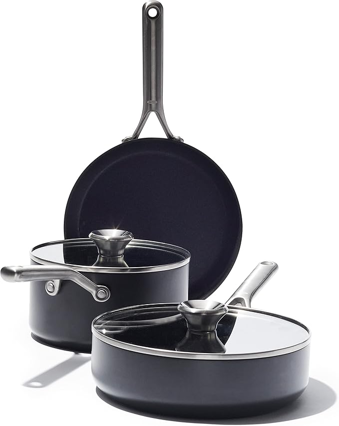 OXO Professional 5 Piece Cookware Pots and Pans Set Hard Anodized Ceramic Nonstick PFAS-Free Stainless Steel Handles Induction Suitable Diamond Reinforced Coating Dishwasher and Oven Safe Black