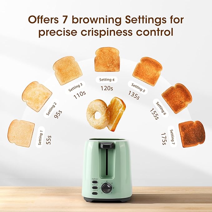 iSiLER 2 Slice Toaster 1.3 Inches Wide Slot Bagel Toaster with 7 Shade Settings and Double Side Baking Removable Crumb Tray Defrost Cancel Function Green