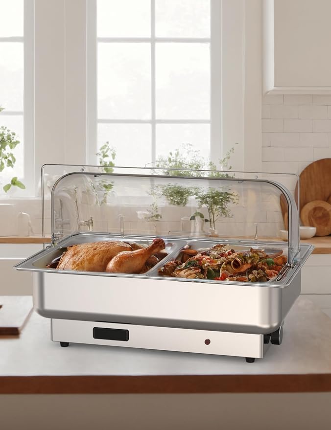 Electric Chafing Dishes Set – 2-Pack 4.5QT Stainless Steel Buffet Servers – Roll Top with Transparent Lid – Adjustable Temperature – Food Warmer for Catering Parties Weddings – 2 * 1/2