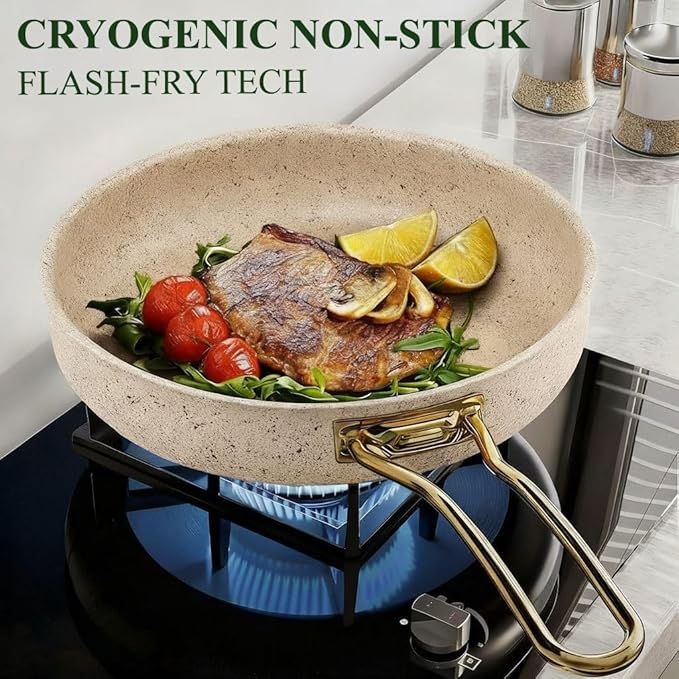 Fully Clad 5-Ply Stainless Steel Cookware Set 12Pcs Nonstick Pots and Pans Set with Stay-Cool Handles Induction Compatible Stackble Design Includes with Frying Pan Saucepans and Saute Pan (Beige)