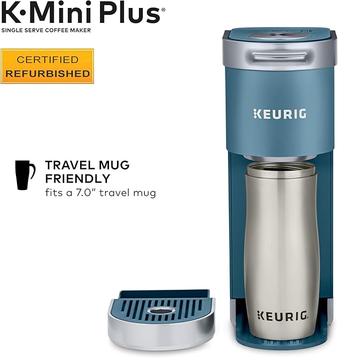 Keurig K-Mini Plus Coffee Maker Certified Refurbished Single Serve K-Cup Pod Coffee Brewer Comes With 6 to 12 oz. Brew Size K-Cup Pod Storage and Travel Mug Friendly Evening Teal (Renewed)