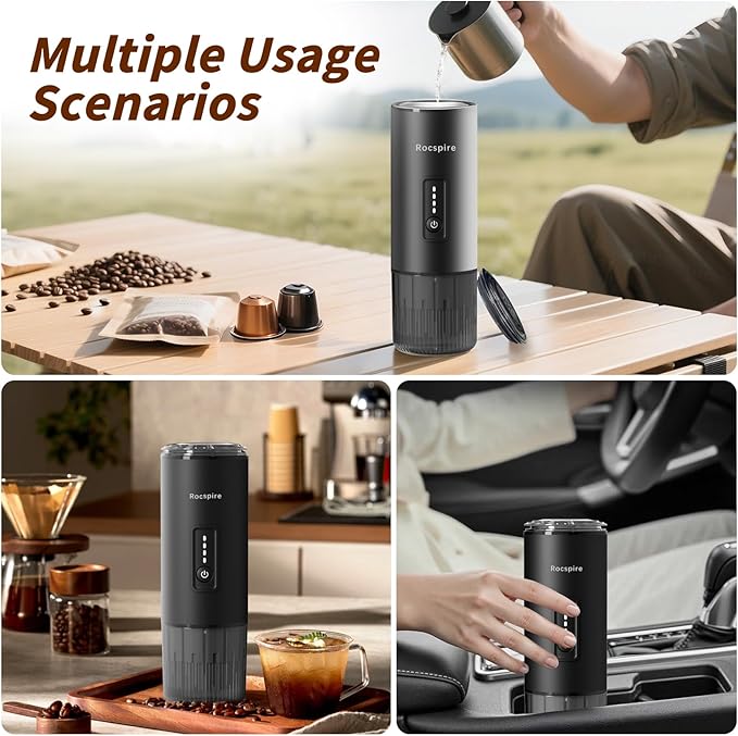 Portable Espresso Maker with Stainless Steel Body | 7500mAh Rechargeable Battery | 20 Bar Self-Heating with USB-C | Works with Most Capsules Compatible for Camping Travel Outdoor (Black)