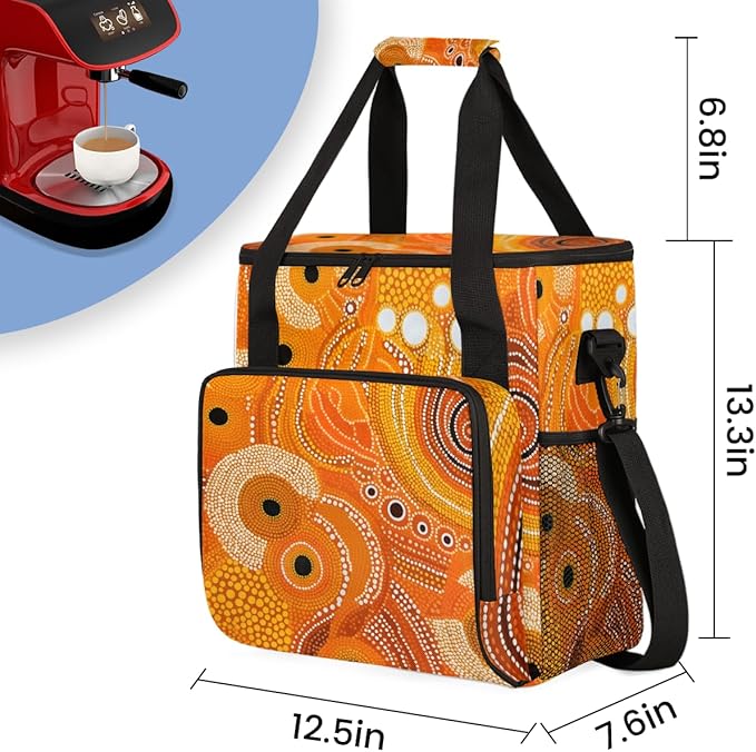 Retro Orange Pattern Coffee Maker Carrying Bag Portable Travel Storage Tote Bag Compatible with K-Mini or K-Mini Plus Single Serve Coffee Brewer Carrying Case with Multiple Pockets &amp Shoulder St