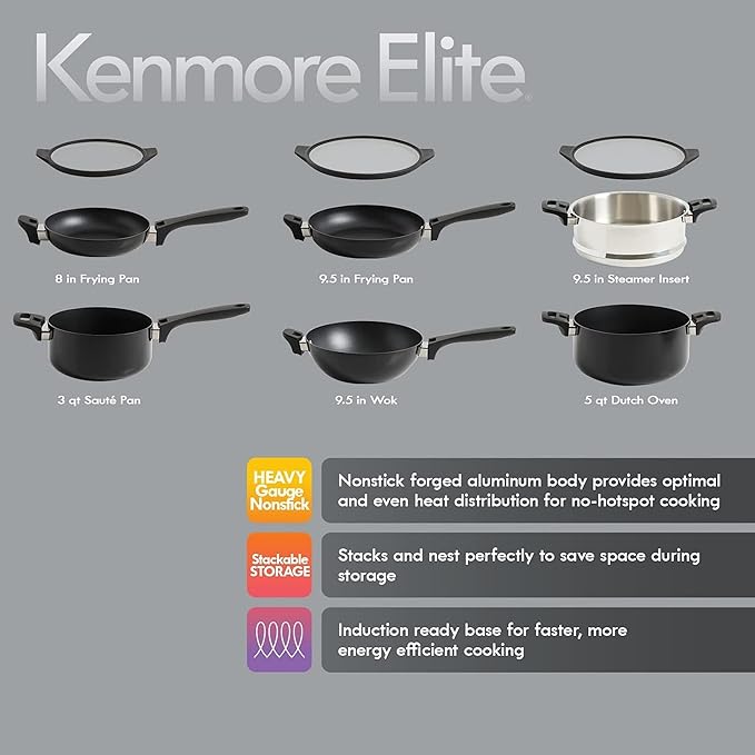 9 Piece Nonstick Stackable Cookware Set in Black Stainless Steel Non-Stick Surface
