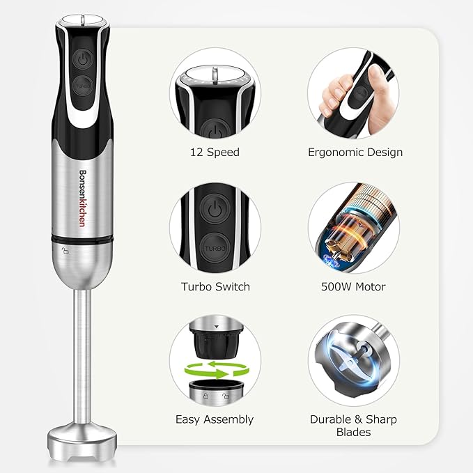 Bonsenkitchen 4-in-1 Immersion Blender Handheld with Food Processor 12 Speeds Hand Blender with Turbo Mode Stainless Steel Blade Egg Whisk Beaker &amp Chopper Bowl Stick Mixer for Smoothie Pure