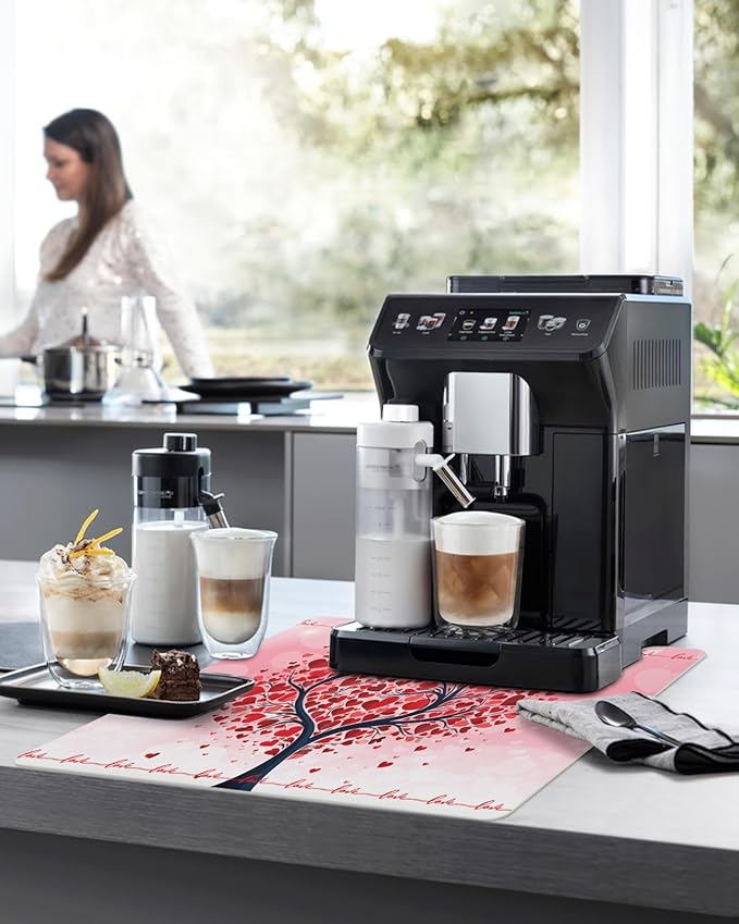 Valentine's Day Coffee Mat Coffee Bar Mat for Countertops Red Love Heart Trees and Branches Absorbent Coffee Maker Mat Rubber Backed Dish Drying Mat for Coffee Espresso Machine Coffee Maker 16x24