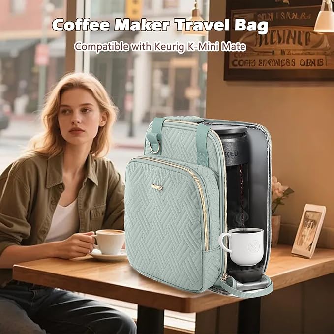 BAGSPRITE Coffee Maker Travel Bag Compatible with Keurig K-Mini Mate Full Open Carrying Case with Quilted Padded Soft Microfiber K--Cup Single Serve Coffee Maker Bag with Pod Organizer Mug Pockets