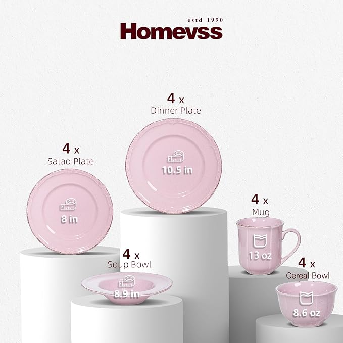 20pc Dinnerware Set Plate and Bowl Set Stoneware Dishes Set for 4 Microwave and Dishwahser Safe Scratch Resistant French Countryside Speckled Antique Pink