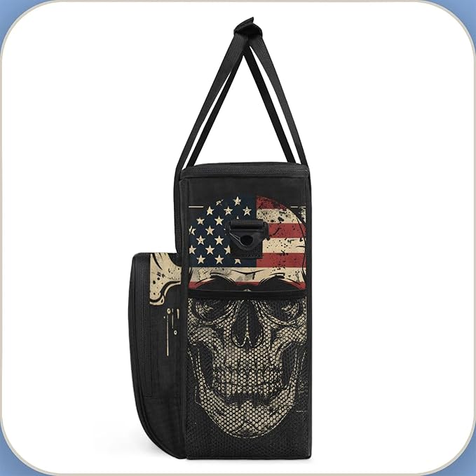 American Flag Skull Travel Coffee Maker Carrying Bag Large Organizer Storage Tote Bag Insulated Reusable Cooler Grocery Bags